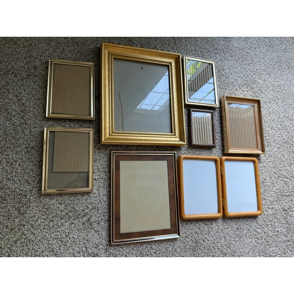 Vintage Mixed Picture Frame Lot 8pc Gold Wood Metal Tabletop Gallery Set